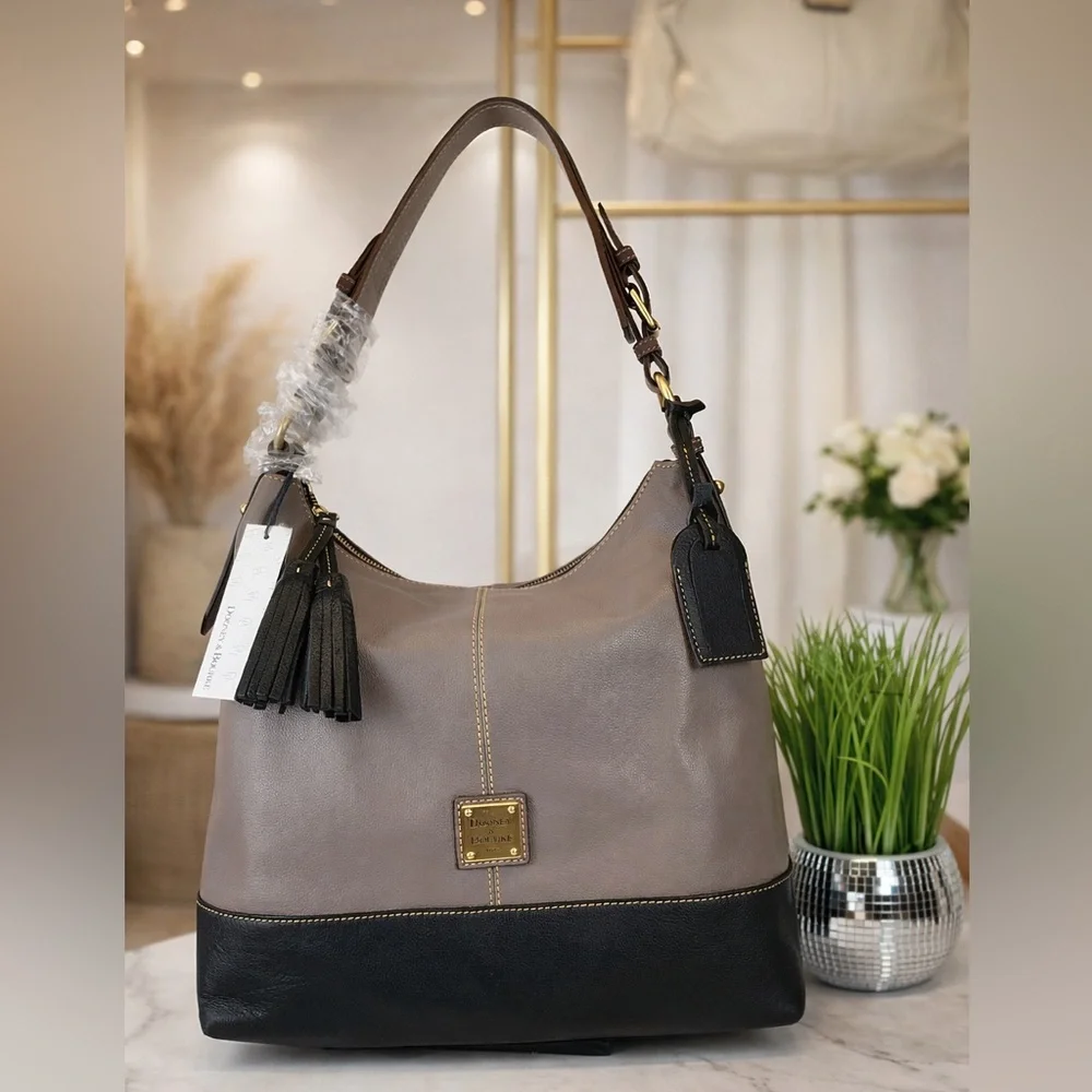 Dooney & Bourke Sophie Hobo Mushroom Taupe Black Leather Bag Tassels NWT‎
